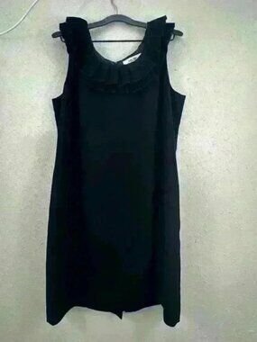 🔥Jones Studio Black Ruffle Neck Back  Zip Lined Sleeveless Neutral Dress 16 D